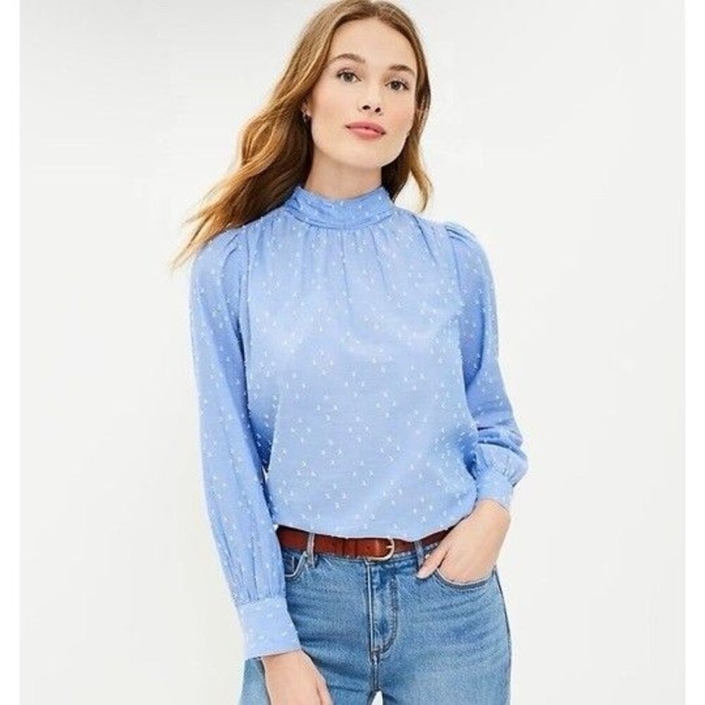 LOFT Clip Mock Neck Long Sleeve Blouse Blue Size XXS Cotton Light Feminine EUC